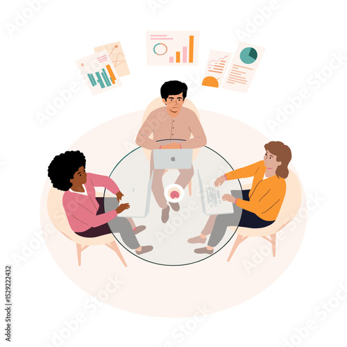 Vector illustration of three coworkers around a circular table, with laptops and data sheets, sharing ideas in an informal brainstorming session