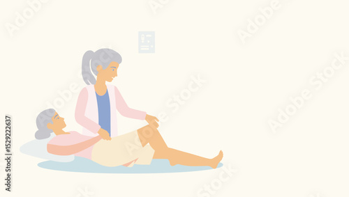 Elderly woman receiving physiotherapy exercises from a female therapist. Minimalist vector rehab illustration