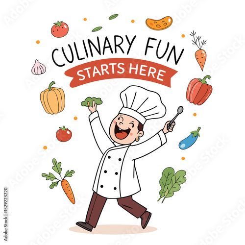 A jovial cartoon chef, wearing a tall white hat, gleefully juggles various colorful vegetables – carrots, peppers, onions – against a vibrant kitchen backdrop.