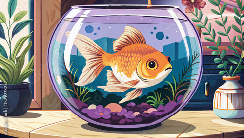 Vector illustration of a goldfish swimming in a decorative indoor bowl perfect for home decor concepts, peaceful aquatic themes, and cultural festive visuals