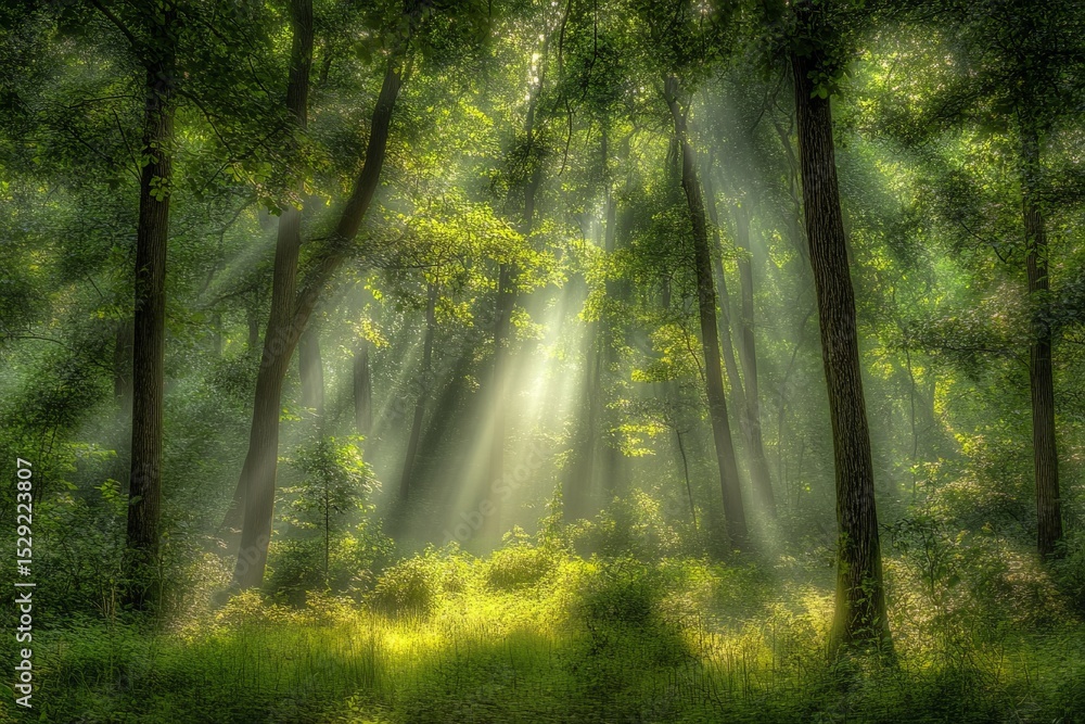 Obraz premium Sunlight filtering through lush green forest trees along a peaceful woodland path