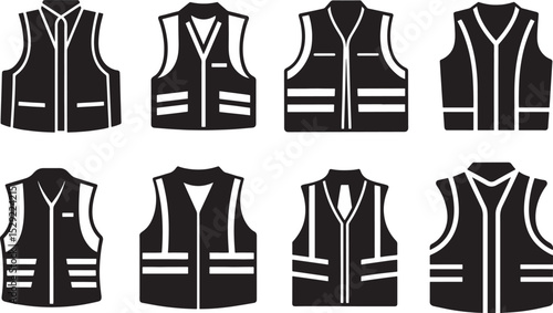 set of fluorescent safety waistcoat silhouette, black and white silhouette, vector and illustration