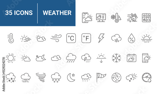 Weather set of web icons in line style. Forecast weather icons for web and mobile app. Forecast, clouds, sunny day, wind, snowflakes, sun, rain, thunder storm, dew, wind, moon. Vector illustration
