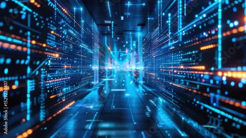 Wallpaper Mural A mesmerizing corridor filled with vivid blue and orange lights creates a futuristic atmosphere. The setting depicts an advanced digital infrastructure with glowing patterns and technology Torontodigital.ca