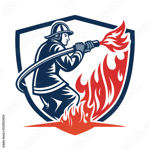Design a logo a strong firefighter silhouette powerfully lifting a fire hose, flames blazing fiercely behind.  Emphasis on strength and heroism.