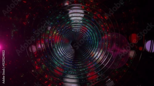 A glowing golden tunnel of neon rings against a backdrop of sparkling cosmic stars creates a futuristic, sci-fi look.
