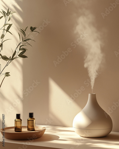 Aromatherapy Diffuser and Essential Oils on Minimal Beige Background