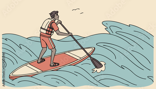 Young man in life jacket is surfing, rides on supboard in sea. Surfer rows with paddle, stands on sup board in ocean. Person is floating on water in summer vacation. Flat isolated vector illustration 