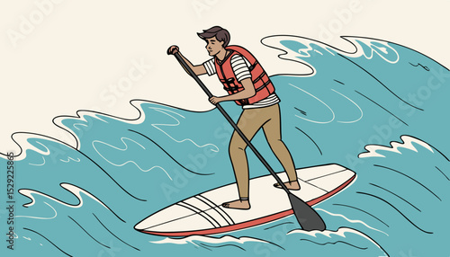 Young man in life jacket is surfing, rides on supboard in sea. Surfer rows with paddle, stands on sup board in ocean. Person is floating on water in summer vacation. Flat isolated vector illustration 