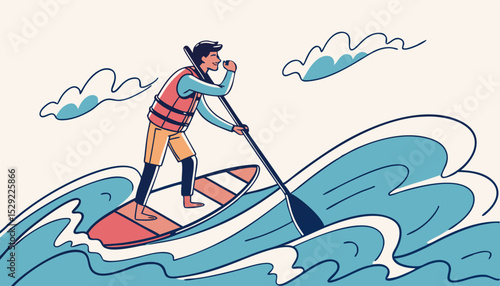 Young man in life jacket is surfing, rides on supboard in sea. Surfer rows with paddle, stands on sup board in ocean. Person is floating on water in summer vacation. Flat isolated vector illustration 