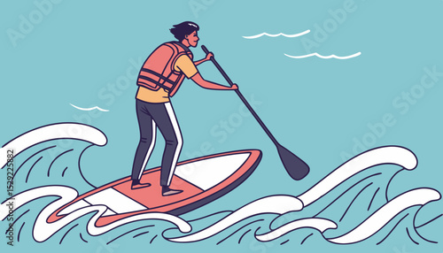 Young man in life jacket is surfing, rides on supboard in sea. Surfer rows with paddle, stands on sup board in ocean. Person is floating on water in summer vacation. Flat isolated vector illustration 