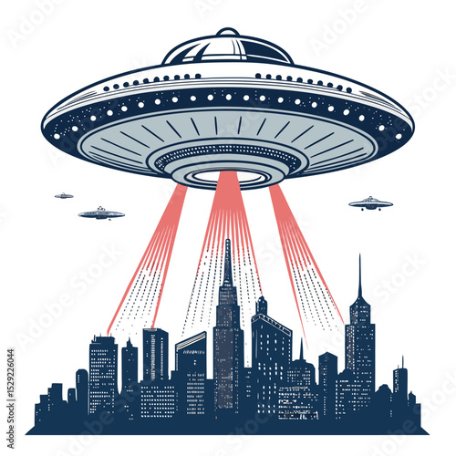 A colossal mothership silently hovers above a futuristic city skyline, a lone tractor dwarfed below; dramatic lighting, hyperrealistic detail.