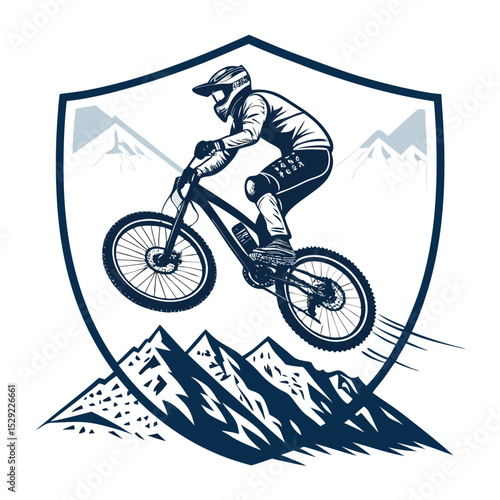 A mountain biker executes a daring mid-air jump,  a blurred background highlighting a protective shield emblem.