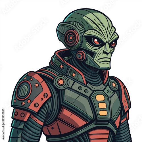 Sci-fi illustration of a three-eyed alien mutant in advanced, glowing tech armor on a desolate, rocky planet.