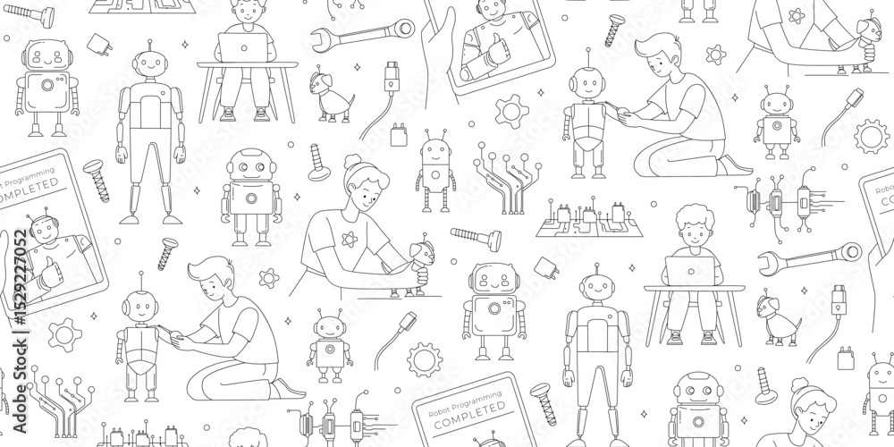 STEM Education Seamless Pattern Kids and Robots Line Art Vector illustration. Children Programming Robots Hand Drawn STEM Background for Kids. Robotics and Coding Educational Doodle Science Pattern STEM Education Seamless Pattern Kids and Robots Line Art Vector illustration. Children Programming Robots Hand Drawn STEM Background for Kids. Robotics and Coding Educational Doodle Science Pattern