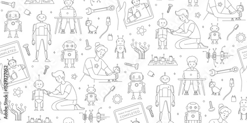 STEM Education Seamless Pattern Kids and Robots Line Art Vector illustration. Children Programming Robots Hand Drawn STEM Background for Kids. Robotics and Coding Educational Doodle Science Pattern