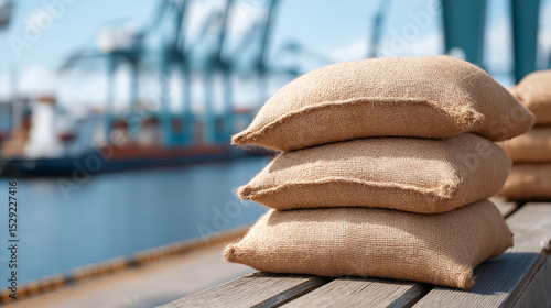 Wheat Grain Bags on Dockside with Cranes for Export