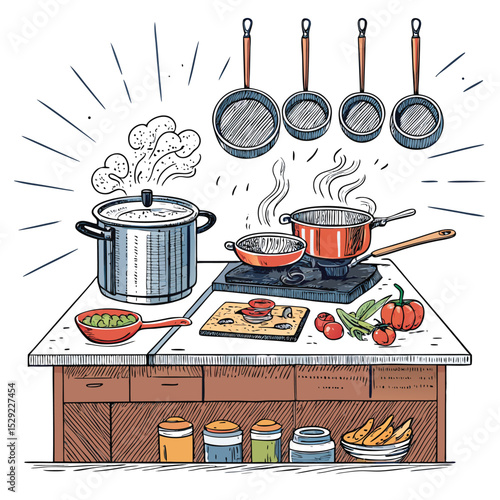 A nostalgic illustration of a vintage cooking class; students attentively learning culinary skills amidst a flurry of pots, pans, and antique kitchenware.