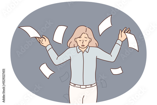 Upset business woman throwing papers up during stressed about tax increase or bankruptcy notice