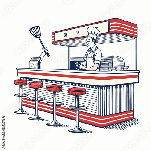 A retro diner counter scene; a chef in a white apron presents a freshly baked cookie to a customer.  Warm lighting, vintage details.