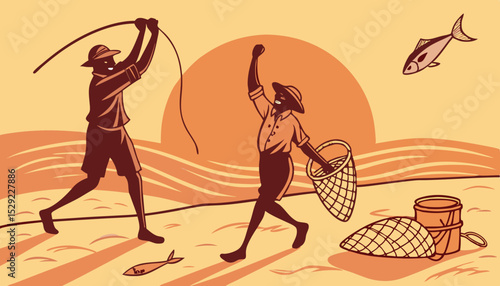 Jubilant fishermen celebrating a bountiful catch, joyfully dancing on the beach at sunset. Their ecstatic movements express pure elation.                                 