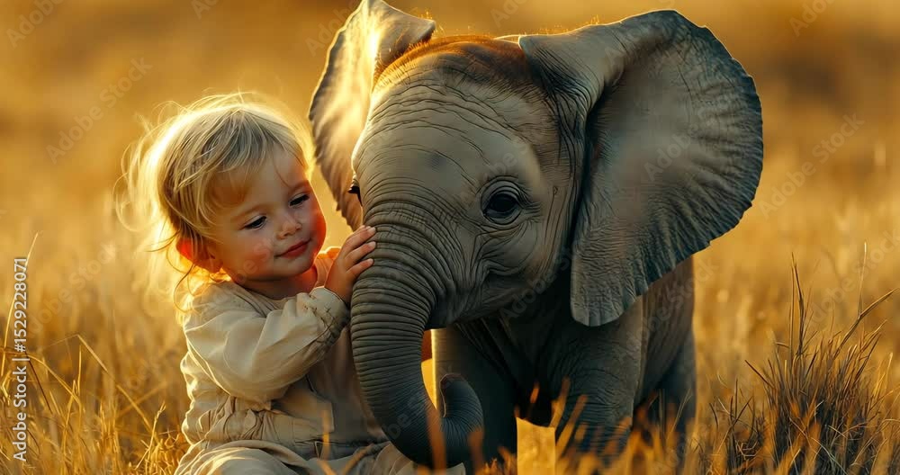 A heartwarming close-up of a baby lovingly embracing a baby elephant in a golden sunset. A heartwarming close-up of a baby lovingly embracing a baby elephant in a golden sunset.