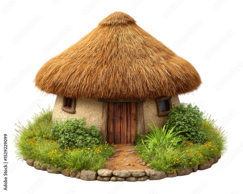 Prehistoric house with thatched roof, surrounded by lush greenery and flowers, evokes sense of ancient living. This charming structure showcases natural materials and rustic design Prehistoric house with thatched roof, surrounded by lush greenery and flowers, evokes sense of ancient living. This charming structure showcases natural materials and rustic design