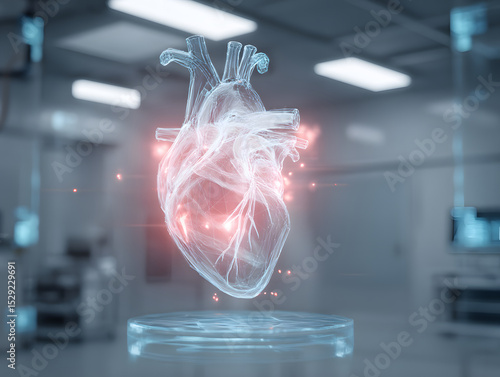 Transparent heart model on a platform in a futuristic medical research laboratory setting with red glow