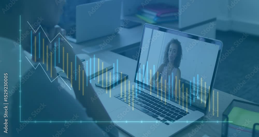 Woman starting work call for chat while on-screen host gesturing with waveform reacting to voice Woman starting work call for chat while on-screen host gesturing with waveform reacting to voice