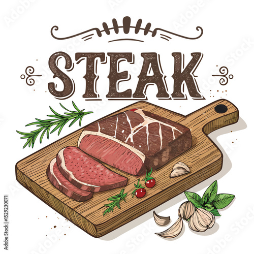 Create a poster featuring a perfectly seared, juicy steak, meticulously cut, resting on a rustic vintage wooden board.  Highlight the texture and detail.