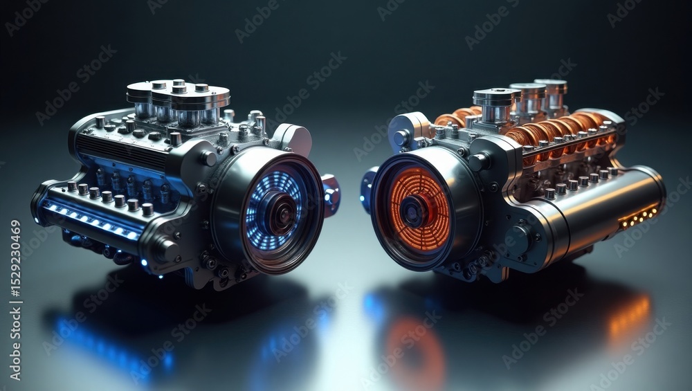 Un potente motor de automóvil y un motor eléctrico colocados uno al lado del otro sobre un fondo limpio Un potente motor de automóvil y un motor eléctrico colocados uno al lado del otro sobre un fondo limpio