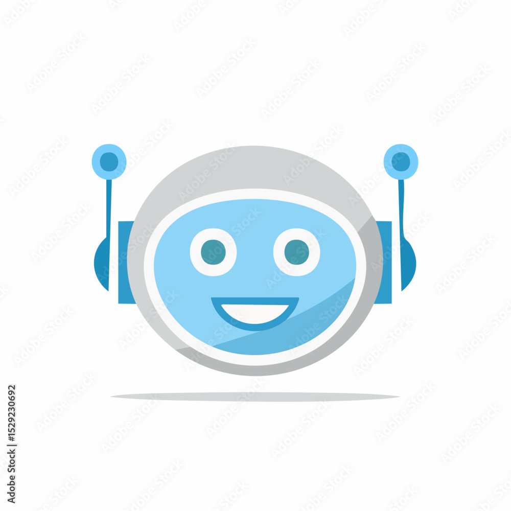Fototapeta premium Cheerful robot cartoon, friendly AI character design, light blue and grey.