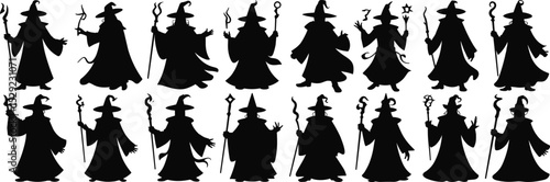 Wizard silhouette collection, magic sorcerer vector, fantasy mage artwork, spell caster black figures, mystical cloaked wizard