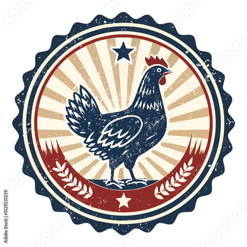 Design a retro-style chicken badge illustration with a worn, faded ink effect and distressed edges, evoking a vintage feel.