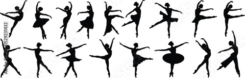 Silhouette collection of ballerinas in elegant dancing poses, black vector illustrations of female ballet dancers in motion, graceful performance design for artistic decoration