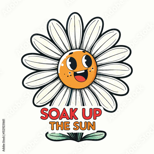 Design a retro-style illustration of a daisy flower face, smiling, with sunglasses, saying "Soak Up The Sun," in a playful, 70s-inspired aesthetic.