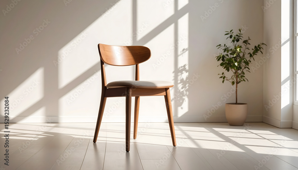 Fototapeta premium empty chair in minimalist room with sunlight casting geometric shadows on floor