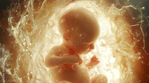 A developing human fetus floats peacefully in a glowing amniotic sac, surrounded by warm, fluid-like light.