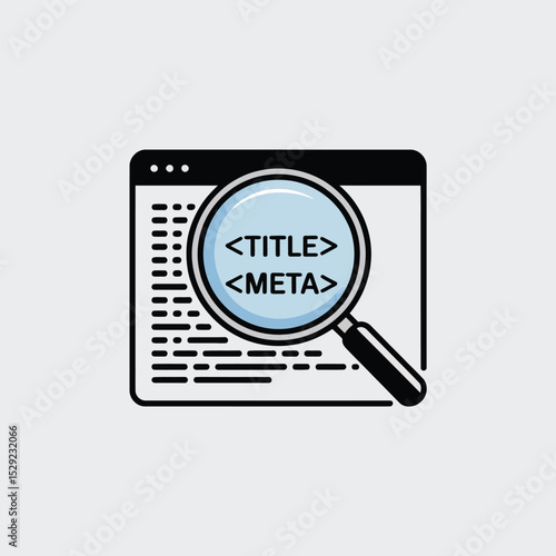 Website seo optimization title and meta tags magnifying glass illustration