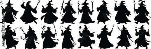 Silhouette wizard vector collection, fantasy magician figures, magic spellcaster poses, sorcerer character design