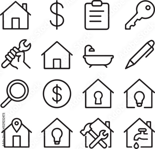 Real Estate Vector Icon Set | Adjustable Line Weight | Property, home, rent, sale, mortgage, contract, plumbing, inspection, repair, garage, location, key, bill icons Vector Illustration EPS 10