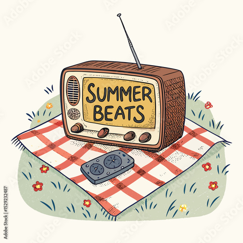 A vintage radio plays upbeat summer tunes on a checkered picnic blanket, surrounded by sunshine.  Depict a carefree summer vibe.