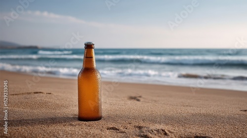 Fototapeta Naklejka Na Ścianę i Meble -  Beach Day Beer Close-Up with Sea Behind