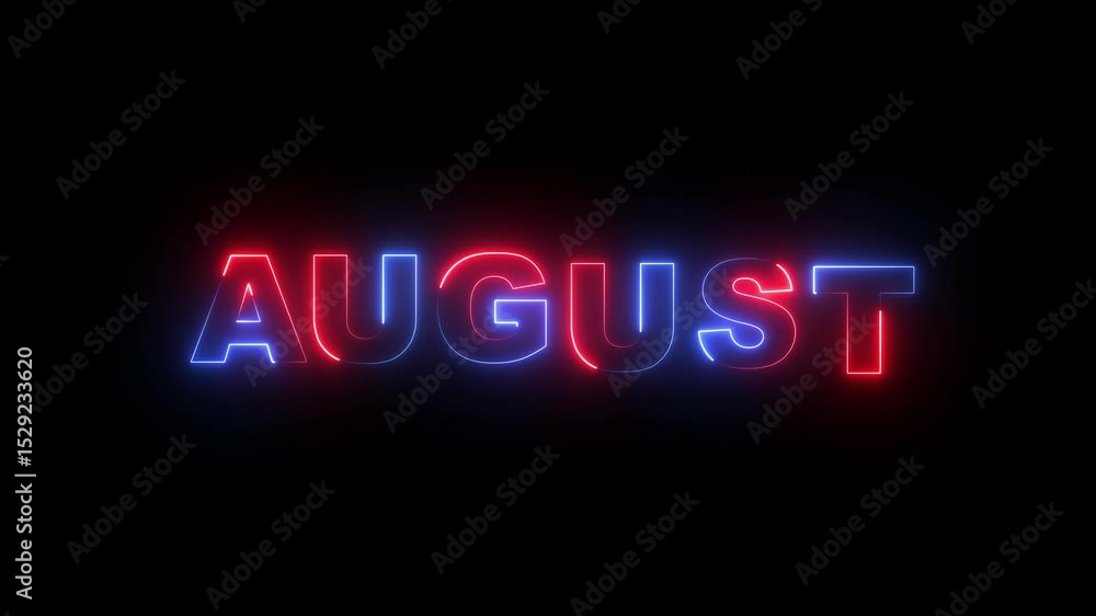Abstract glowing text month August light neon black background. Word August neon glowing on a black background with reflections on a floor. Neon shine month name August text sign icon animation . Abstract glowing text month August light neon black background. Word August neon glowing on a black background with reflections on a floor. Neon shine month name August text sign icon animation .