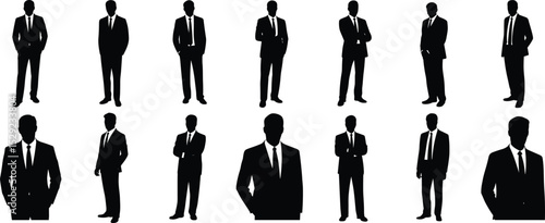 Silhouette collection of business men in formal suits standing in various confident poses, black vector illustration for corporate, leadership, professional and office design concepts