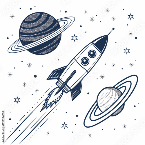 A futuristic rocket ship speeds past Saturn's majestic rings, a distant star twinkling in the inky blackness of space.