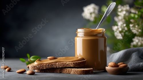 Delicious peanut butter jar with bread and nuts on a textured surface.