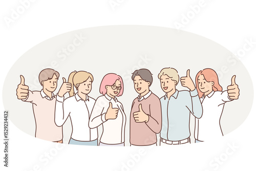 Team of promising people showing thumbs up as sign of desire to work together and achieve success