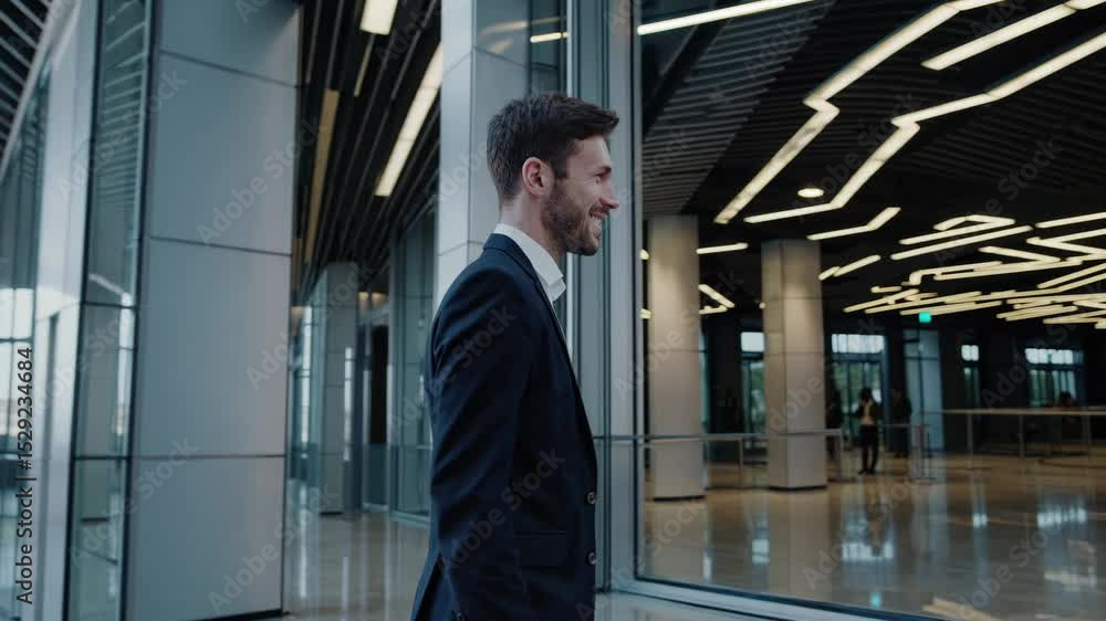 Young professional manager confidently walking through sleek corporate office lobby, radiating success and positive energy while surveying contemporary workspace environment Young professional manager confidently walking through sleek corporate office lobby, radiating success and positive energy while surveying contemporary workspace environment