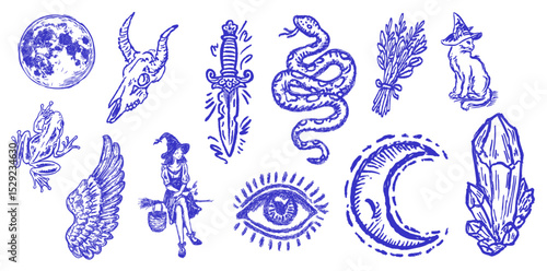 Collection of hand drawn occult mystic witchcraft symbols